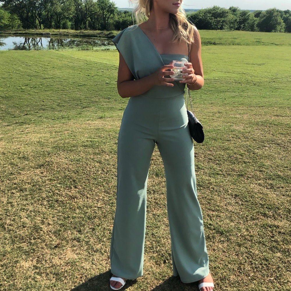 PrettyLittleThing Sage One-Shoulder Wide-Leg Jumpsuit